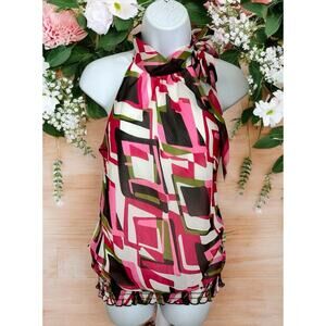 Heart Soul Sleeveless Blouse Sz Small Colorful Smocked Waist Neck Tie Top Lined